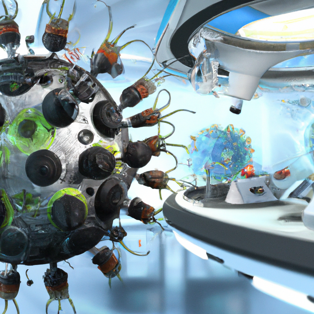 A futuristic laboratory studying immunology and hormones.